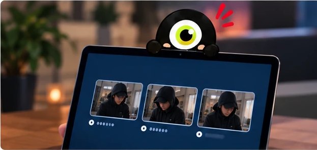 Ноутбук в кафе, Upsi настороже, с красным глазом